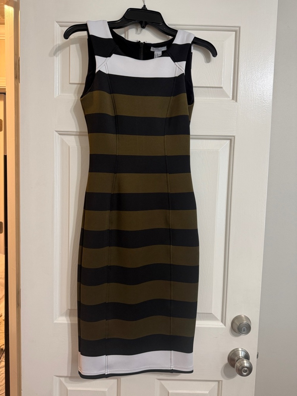 H&M Olive, Black and White Striped Midi Sheath Dress